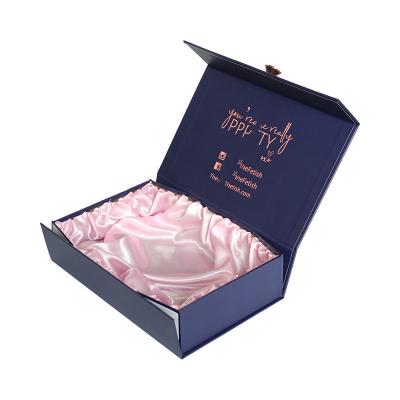 China Recyclable Custom Magnetic Cosmetic Gift Boxes Blue Luxury Satin Closure Flap Cover Wig Packaging Large Cardboard Gift Box With Magnetic Lid for sale