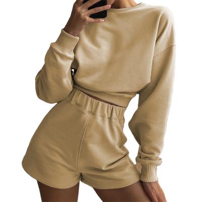 China 2021 Breathable Hot Selling Two Piece Set Pants Casual Long Sleeve Hoodie Shorts Sweat Suits For Women for sale