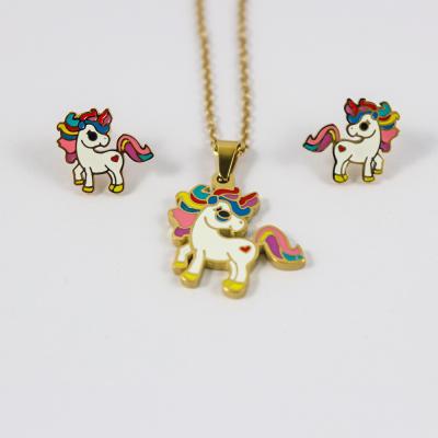 中国 Wholesale Jewelry Durable Oil Painting Horse Necklace Set Cartoon Stainless Steel Earrings Pendant Necklace Set For Women 販売のため