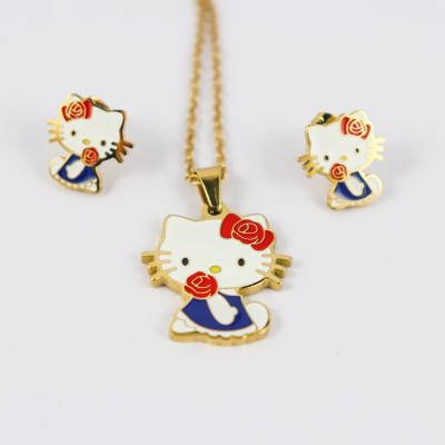 China New Fashion Stainless Steel Jewelry Durable Cat Pendant Necklace Earrings Animal Set Shaped Oil Gold Plated Kids Gift Bridal Custom à venda