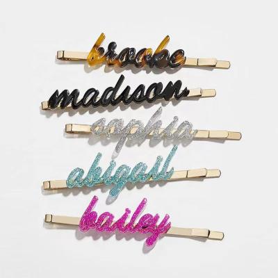 Cina Fashion Logo Acetate Hair Bobby Pins Custom Made Glitter Letter Acrylic Hair Pins For Girls in vendita