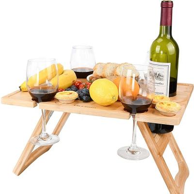 China New Design Traditional Champagne Picnic Tray Table Portable Wooden For Wine Outdoor Foldable Picnic Table With 5 Wine Glass Holder for sale