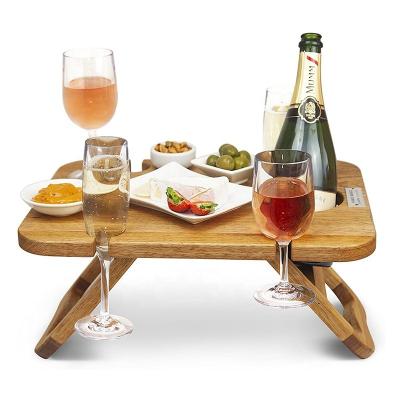 China Traditional Outdoor Picnic Table With Glass Stand For Camping Champagne Wine Picnic Snack Table Tray Foldable Portable Wooden Picnic Table for sale