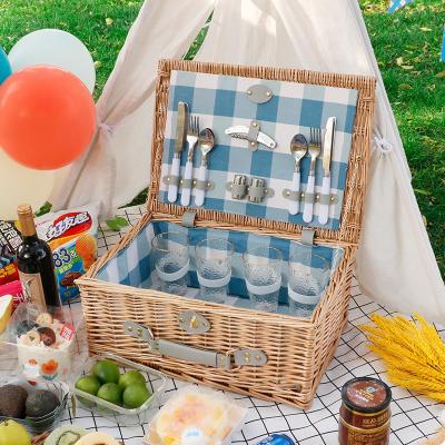 China Picnic Stocked Basket with Insulated Cooler Willow Hamper Picnic Basket Set Handmade Natural Wicker for 2 Person for sale