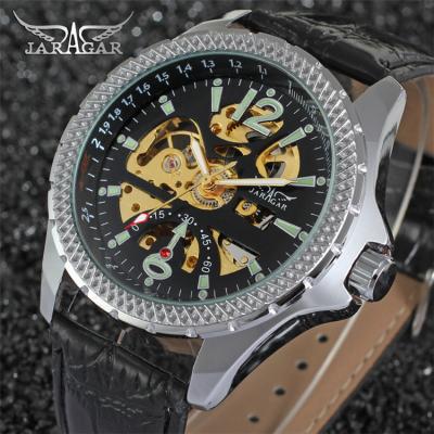 China JARAGAR 8052 Fancy Men's Mechanical Watch Leather Band 24 Hours Weekday Display Automatic Skeleton Hand Watch for sale