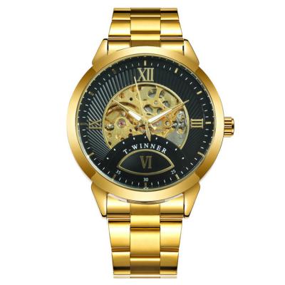 China Official Luxury Automatic Stainless Steel Strap Black Watch Water Resistant Winner Brand Golden Skeleton For Men Mechanical Watch for sale