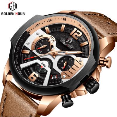 China Top Brand Gold Brand Water Resistant Time GH130 Luxury Men's Quartz Watches Genuine Leather Strap Mens Sports Wristwatch Male Business Man Clock leather for sale