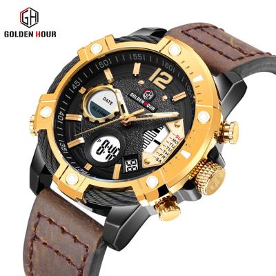 China Water Resistant GH120 Time Gold Military Quartz Dual Time Men Watch Alarm Man Fashion Sports Multifunctional Crazy Horse Strap Wrist Watch for sale