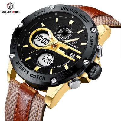 China GH-116 Gold Men's Watch Water Resistant To Luxury Brand Mens Sports Leather Watches Quartz LED Digital Clock Mens Waterproof Military for sale