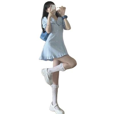 China 2022 Summer Anti-static French Light Blue Women's Skirt Doll Collar Puff Sleeve Waistline One-Line Dress for sale