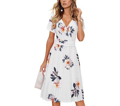 China Summer Women Knee Length Floral Dress Breathable Short Sleeve Casual Dress Anti-Static For Leisure Daily Outing for sale