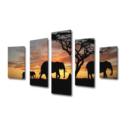 China Waterproof+ECO-Friendly 5 Panels Nature Landscape Elephant African Animal Sound Art Canvas Wall Decorative HD Printed Painting Unframed for sale