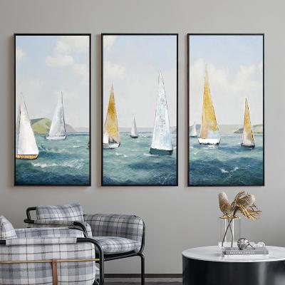 China Waterproof+ECO-Friendly Seascape Oil Painting 3 Pcs Abstract Sailing Ship On Sea Group Canvas Painting And Poster Living Room Wall Art Decoration for sale