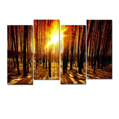 China Modern Waterproof+ECO-Friendly 4 Pcs Landscape Posters And Prints Decorative Wall Art Canvas Painting Forest Sunrise Pictures For Living Room Decor for sale