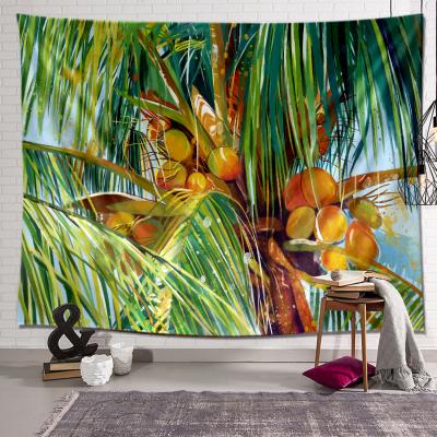 China Art Decor Coconut Leaves Wall Tapestry Hanging Green Plants Prints Watercolor Beach Blanket Tapestries for Bedroom Living Room Dorm for sale