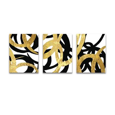 China High Resolution 3 Panel Abstract Printing Black With Gold Nordic Modern Wall Art For Living Room Home Decoration And Canvas Painting Posters for sale