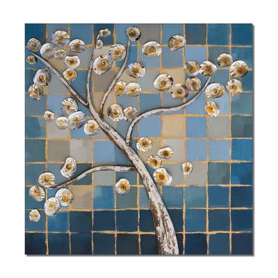 China Environmental Materials Subtract Oil Painting Handmade Golden Squares Tree Texture 3D Strange Shaped Heavy Wall Art Decoration for sale