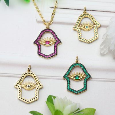 China TRENDY fashion rainbow color micro pave zircon  hollow Hamsa pendants eyes design jewelry charms for necklace for sale