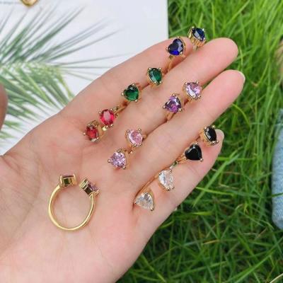 China TRENDY Hot Sale Geometric Heart Shape Couple Ring Gold Plated Chain Colorful Gemstone Zircon Heart Rings for sale