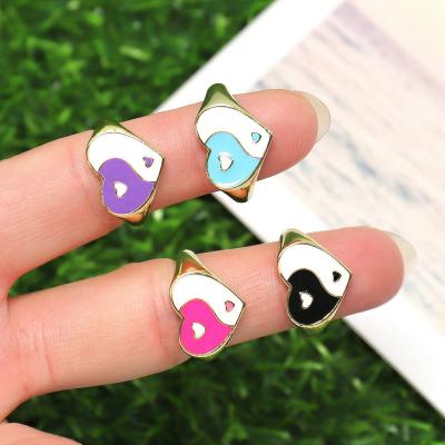 China TRENDY 2024 Hot Dainty Gold Plated Rainbow Colorful Enamel Signet Yin Yang Heart Zen Open Chunky Rings For Women Ladies for sale