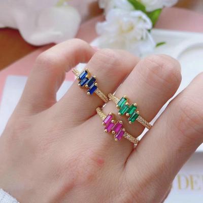 China Tendy rainbow rhinestone small square crystal design jewelry rings clear zircon pave dainty rings for women for sale