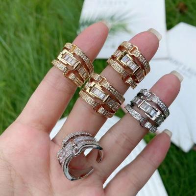 China TRENDY New Trend Fashion Gold Silver Ring Women's Three Layered CZ Diamond Brass Adjustable Finger Rings Women for sale