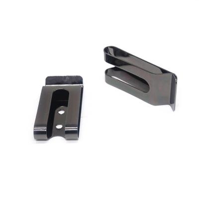 China Spring Metal Steel Custom Stamping Parts Plating Black 304 Stainless Steel Belt Clip Mobile Phone Clip Buckle Polishing Back Bag for sale