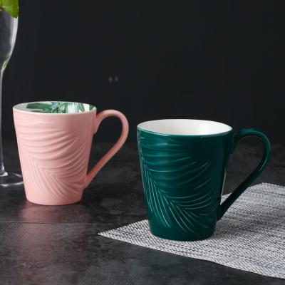 China Viable Bali Resort Dark Pink Green Glazed Porcelain Espresso Mug Outside Decal Inside Ceramic Coffee Mug for sale