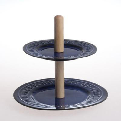 China Sustainable Rubber Wooden Stand 2 Layers Ceramic Dessert Dish Set Reactive Blue Glazed 2 Tier Porcelain Cake Stand For Wedding Party for sale