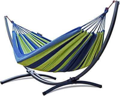 China Eco-friendly Cotton Double Hammock With Stainless Steel Frame Stand Portable Heavy Duty Hammock Metal Steel Hanging for sale