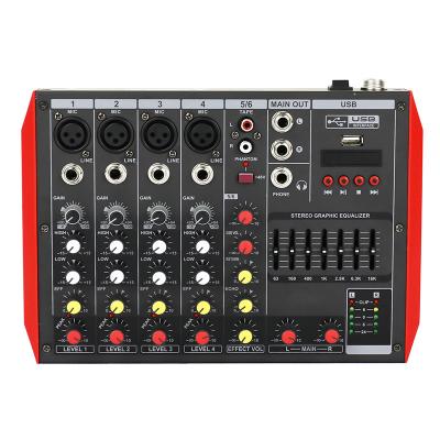 China Portable USB Small Audio Effect Professional 6 Channel Clear Sound Factory Mixer Sound Mixer DJ Console for sale