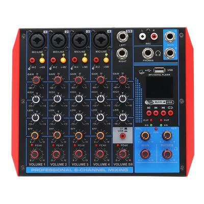 China Professional used audio equipment factory +48v /BT/USB/MP3 mini mixer 6 ch recording mixer portable interface for family KTV for sale