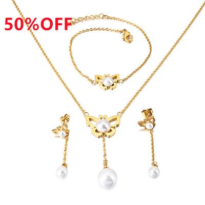 China TRENDY Simple Stainless Steel Jewelry Set Bracelets Charms Earrings Women Butterfly Pearl Necklace for sale