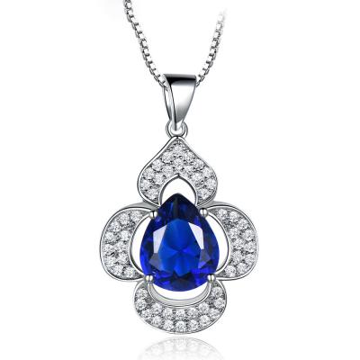 China Luxury TRENDY S925 Sterling Silver Water Drop Flower Necklace Sapphire Iced Out Pendant Custom Made for sale