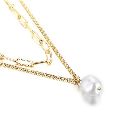 China Wedding Double Layer Chain Vintage Pearl Necklace Titanium Gold Plated Stainless Steel Jewelry Baroque Pearl Pendant Necklace for sale