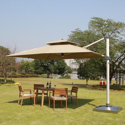 China Modern Outdoor Restaurant Offset Umbrella 3.5M Wide Roman Parasols Patio Aluminum Cantilever Umbrellas With LED Lights for sale