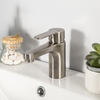 China Modern Brass Faucet Long Neck Basin Sink Tap Hot Cold Water Deck Mounted Brushed Nickel Water Tap 20AA5003410 for sale