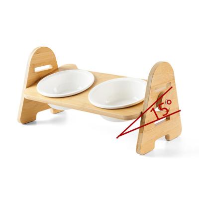 China Environmentally Friendly Wooden Pet Food Holder Adjustable Double Bowl Sustainable Pet Wooden Ceramic Bowl For Pet for sale