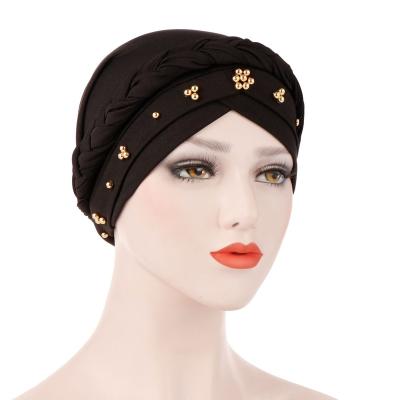 China 2021 multifunctional new spring and Autumn Muslim Baotou Hat Milk Whip Turban Hat beaded monochrome silk for sale