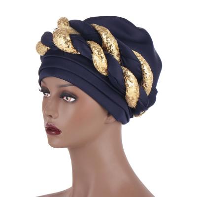 China 2021 New Space Two Layer Two Color Twist Scarf Hat Multifunctional Muslim Sequin Fashion Exaggerated Prom Headscarf Hat for sale