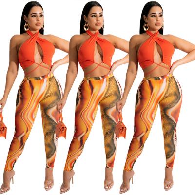 China Summer Women Printed Pants Over Halterneck Sexy Breathable Solid Color New Two Piece Sets for sale