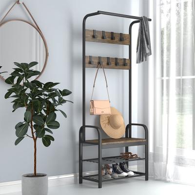 China Steel Frame Convertible Wooden Standing Coat Racks 9 Hooks and 2 Shelves Hanger Floor Combination of Rack and Shoe Hanger for sale