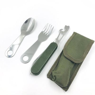 China Viable Army Green Portable Outdoor Camping Spoon Fork Flatware Kit With Multifunctional Folding Knife for sale