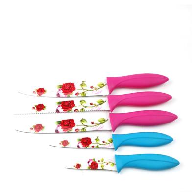 China Sustainable Flower Printed PP Handle Stainless Steel Chef Knives Kitchen Knife 5 Sets for sale