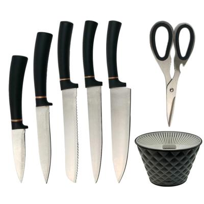 China Viable Factory Price PP Handle 6 Pcs Stainless Steel Kitchen Chef Knife Sets With Base And Kitchen Shears for sale