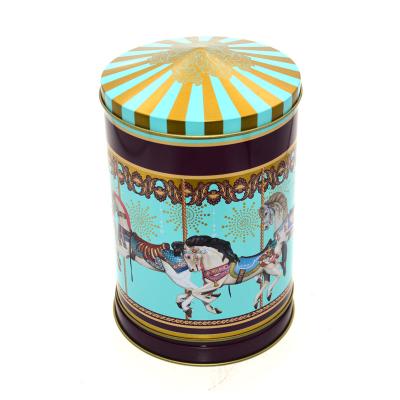 China Lovely Carousel Round Shape Food Tin Box Cartoon Image Christmas Empty Metal Package Gift Music Tin Box for sale