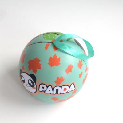 China Recyclable Cute Panda Design Special Christmas Gift Candy Chocolate Packaging Round Ball Shape Metal Tin Box With Ribbon Buckle for sale