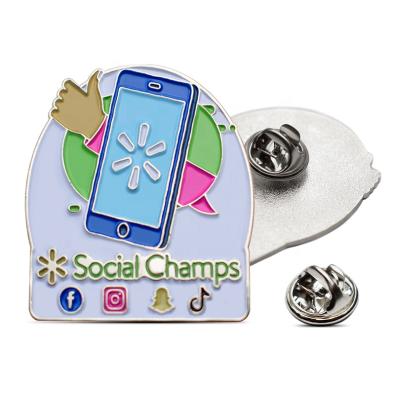 China Export to Europe and America social design mobile phone shape metal badge facebook vibrato logo new colorful enamel soft badge for sale