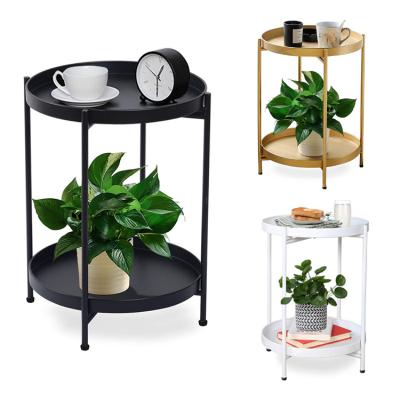 China Small Bedside Tray 2-Tier Contemporary Modern Living Room Folding End Table Metal Round Coffee Snack Side Table for sale