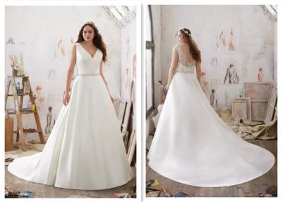 China Long Train Satin A Line Style Wedding Dresses With V - Neck Customized Size for sale